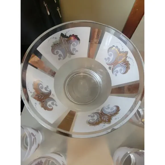 Libbey Gold Leaf Chip Bowl Vintage Serving Punch Frosted Glass Gold with 4 glass - Picture 4 of 12